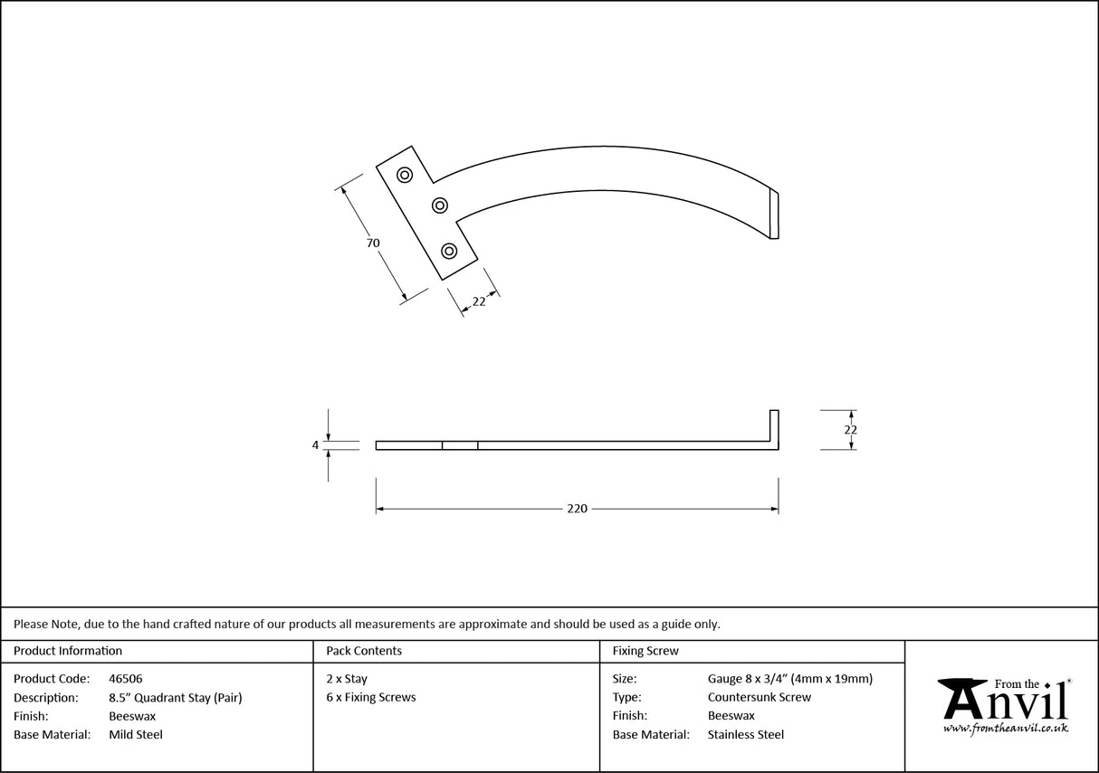 From The Anvil - Beeswax 8.5" Quadrant Stay (Pair) | Sku. 46506 | Trade Door Handles.