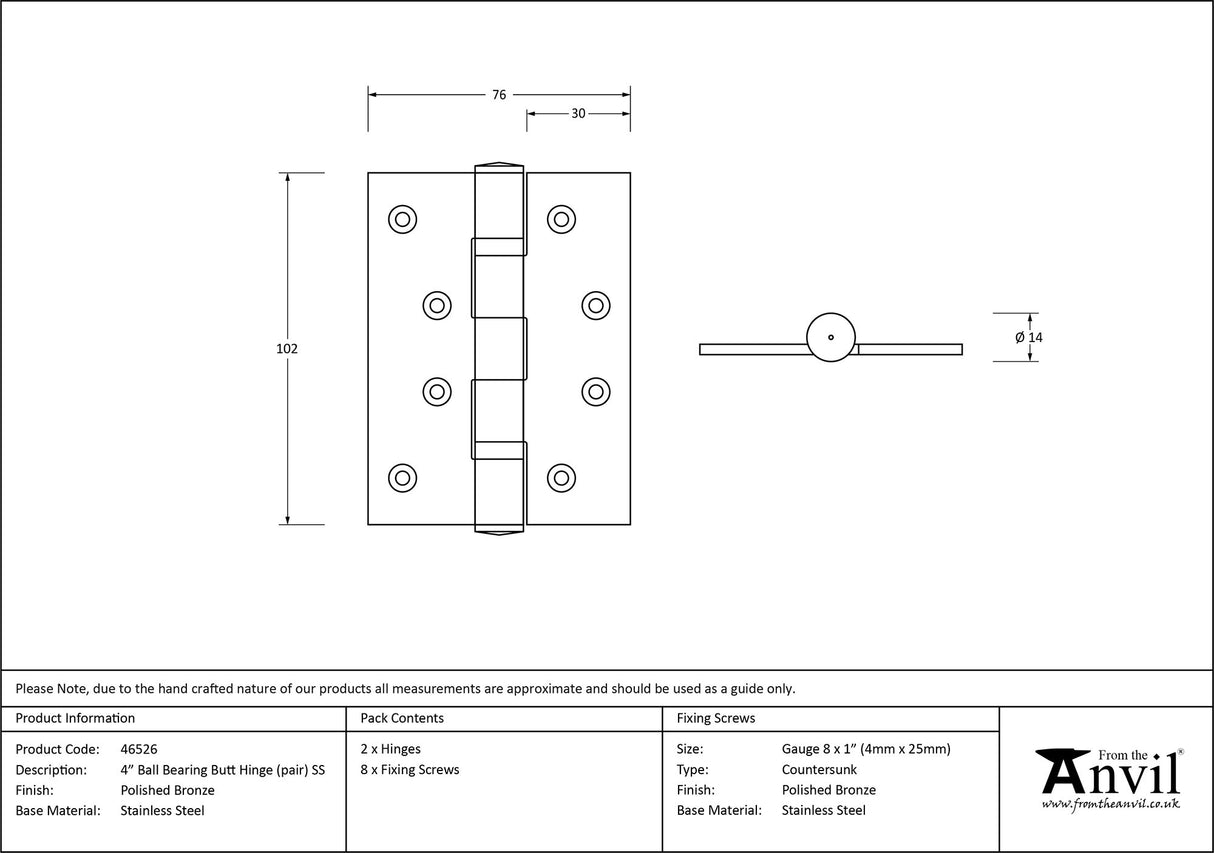 From The Anvil - Polished Bronze 4" Ball Bearing Butt Hinge (pair) ss | Sku. 46526 | Trade Door Handles.