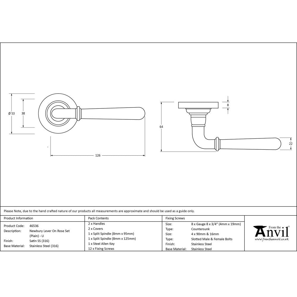 From The Anvil - Satin Marine SS (316) Newbury Lever on Rose Set (Plain) - Unsprung | Sku. 46536 | Trade Door Handles.