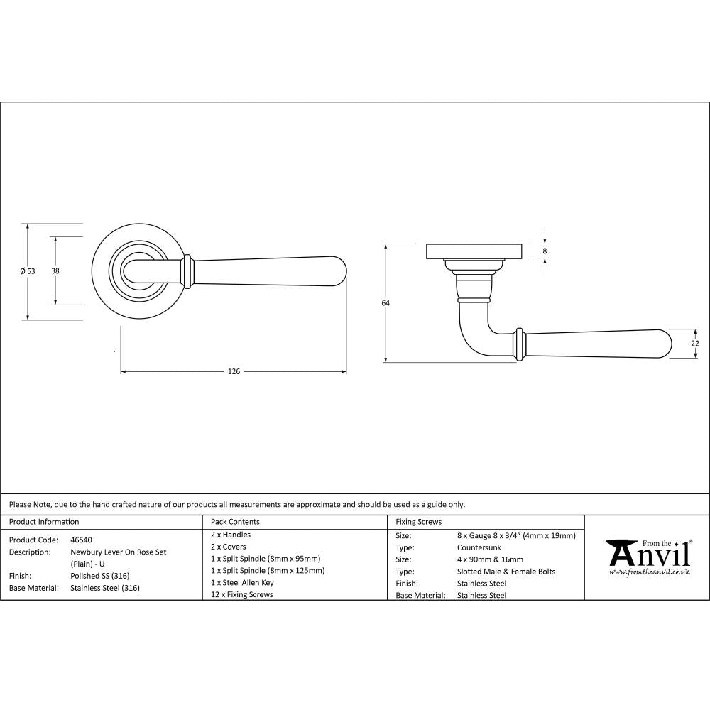 From The Anvil - Polished Marine SS (316) Newbury Lever on Rose Set (Plain) - Unsprung | Sku. 46540 | Trade Door Handles.