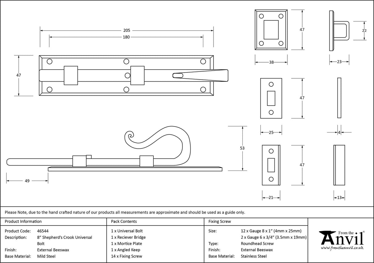 From The Anvil - External Beeswax 8" Shepherd's Crook Universal Bolt | Sku. 46544 | Trade Door Handles.