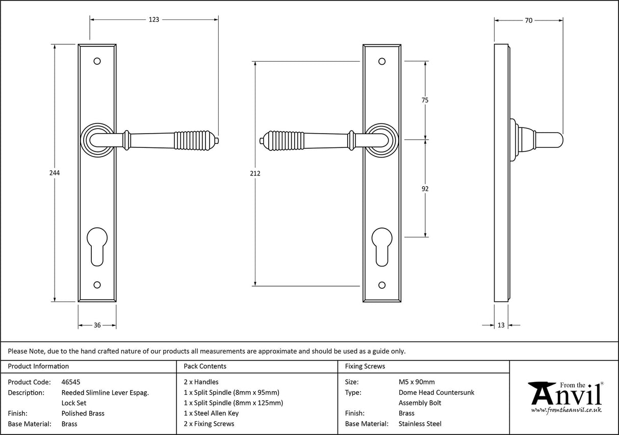 From The Anvil - Polished Brass Reeded Slimline Lever Espag. Lock Set | Sku. 46545 | Trade Door Handles.