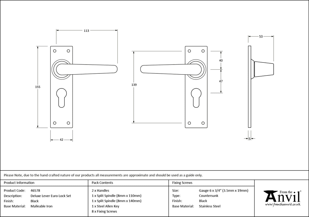 From The Anvil - Black Deluxe Lever Euro Lock Set | Sku. 46578 | Trade Door Handles.