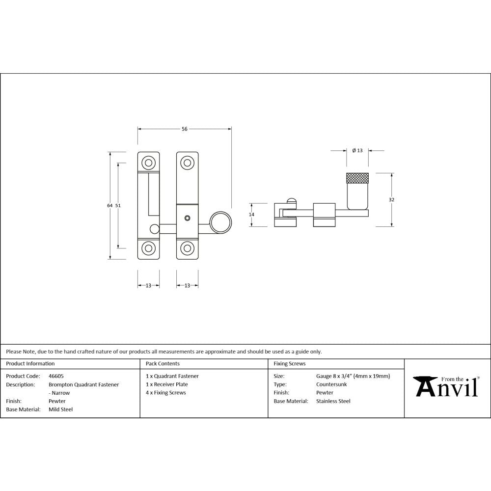 From The Anvil - Pewter Brompton Quadrant Fastener - Narrow | Sku. 46605 | Trade Door Handles.