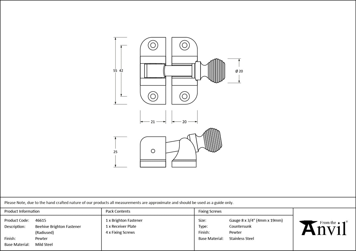 From The Anvil - Pewter Beehive Brighton Fastener (Radiused) | Sku. 46615 | Trade Door Handles.