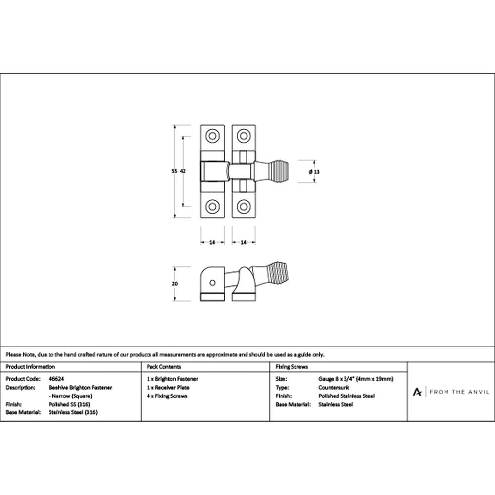 High quality images of the From The Anvil - Polished Marine SS (316) Beehive Brighton Fastener - Narrow (Square) | Sku. Anvil-46624 | available to order from Trade Door Handles, quick delivery at discounted prices.