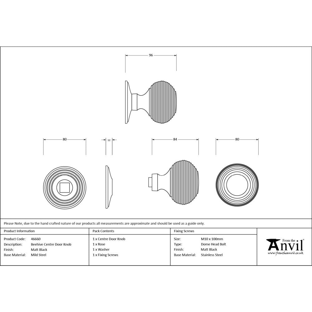 From The Anvil - Matt Black Beehive Centre Door Knob | Sku. 46660 | Trade Door Handles.