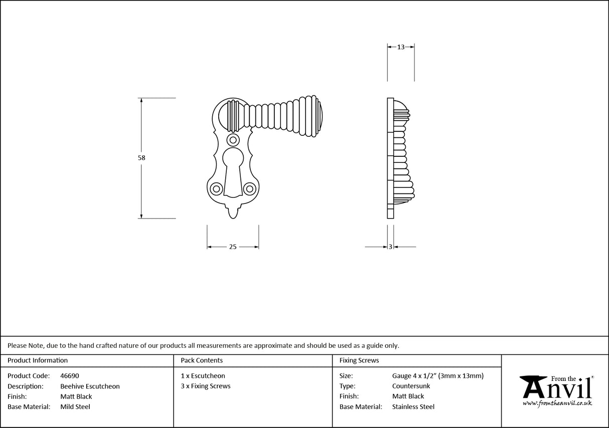 From The Anvil - Matt Black Beehive Escutcheon | Sku. 46690 | Trade Door Handles.