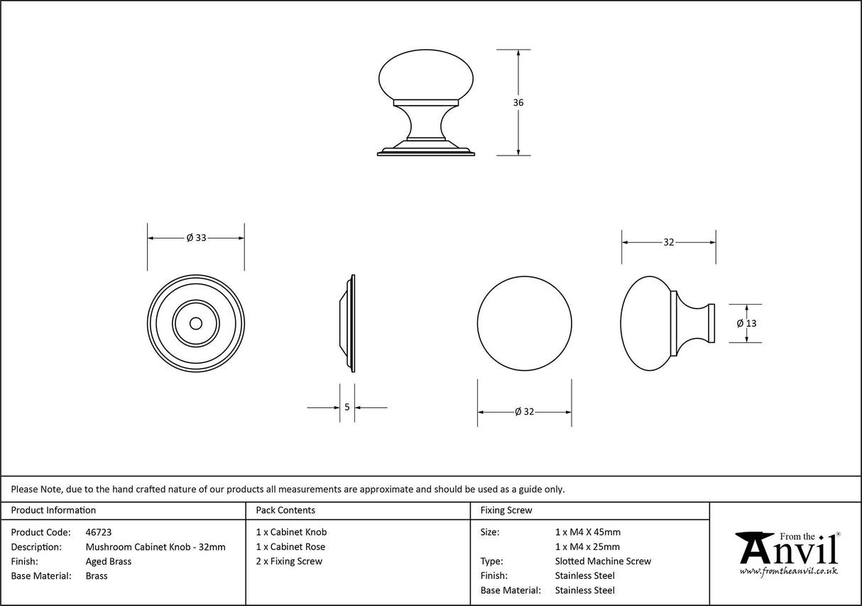 From The Anvil - Aged Brass Mushroom Cabinet Knob 32mm | Sku. 46723 | Trade Door Handles.