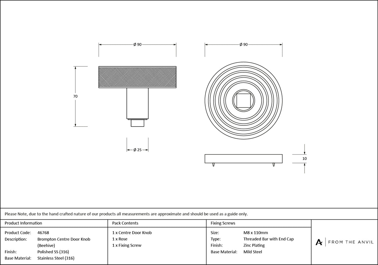 From The Anvil - Polished Marine SS (316) Brompton Centre Door Knob (Beehive) | Sku. 46768 | Trade Door Handles.
