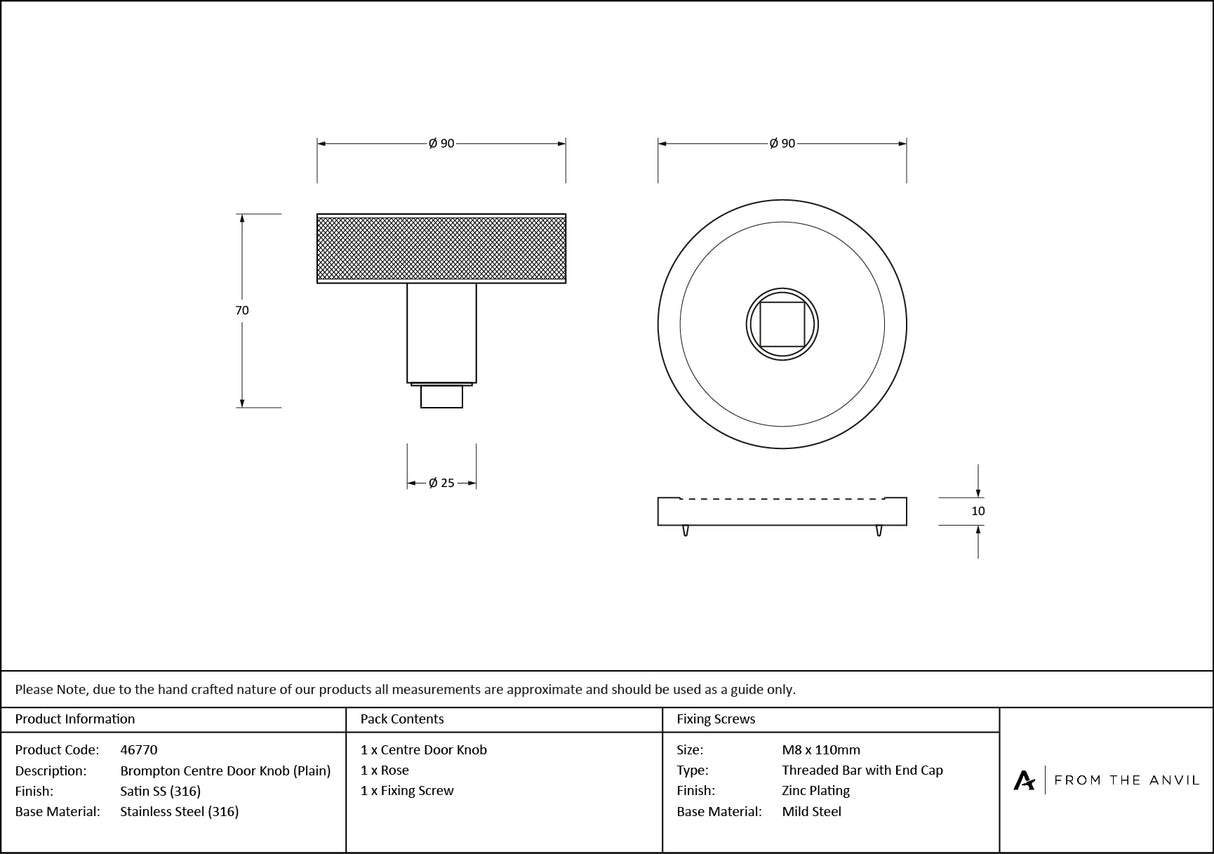 From The Anvil - Satin Marine SS (316) Brompton Centre Door Knob (Plain) | Sku. 46770 | Trade Door Handles.