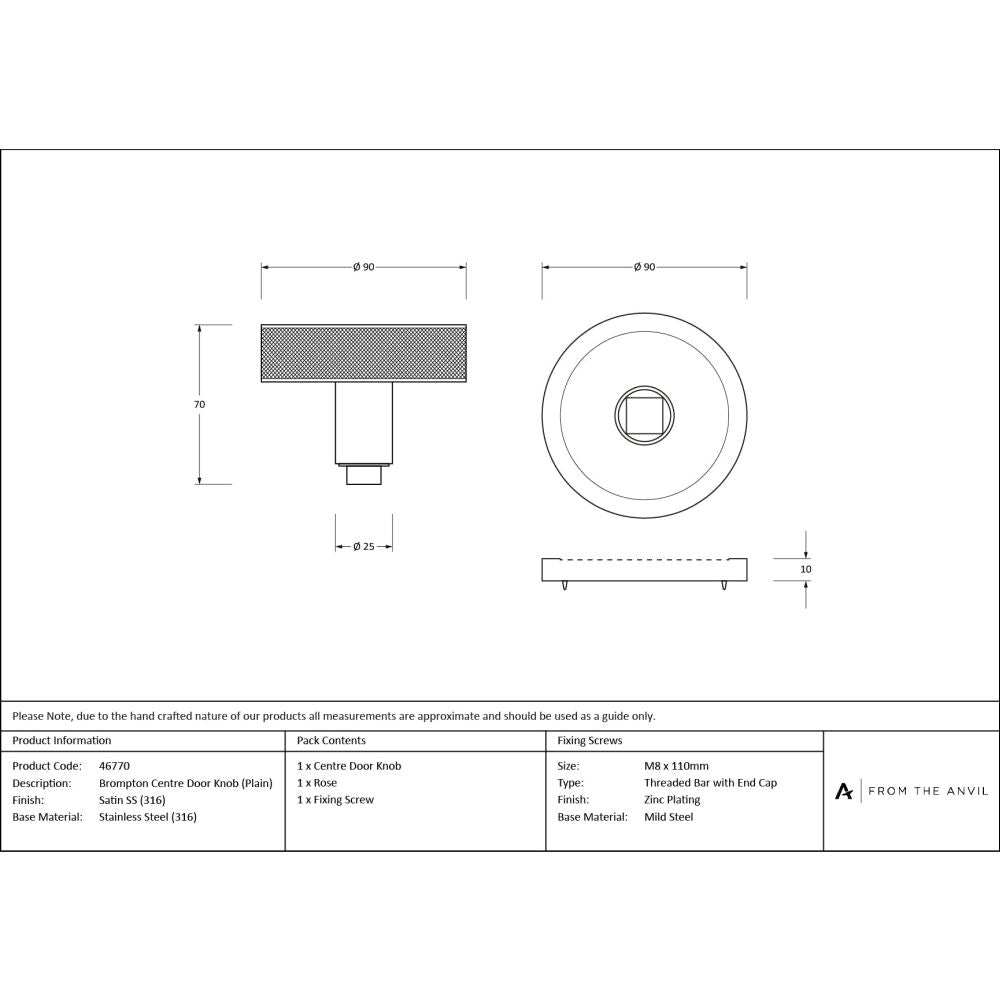 From The Anvil - Satin Marine SS (316) Brompton Centre Door Knob (Plain) | Sku. 46770 | Trade Door Handles.