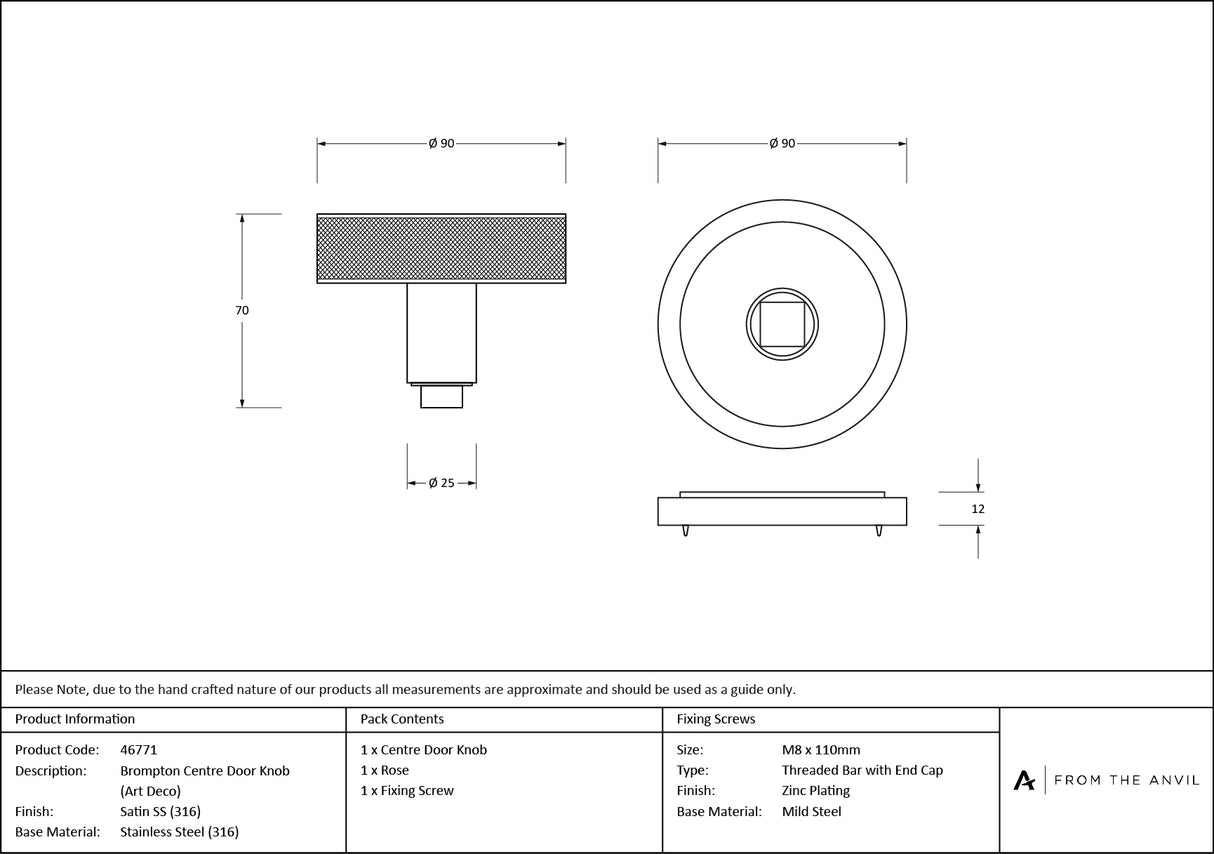 From The Anvil - Satin Marine SS (316) Brompton Centre Door Knob (Art Deco) | Sku. 46771 | Trade Door Handles.