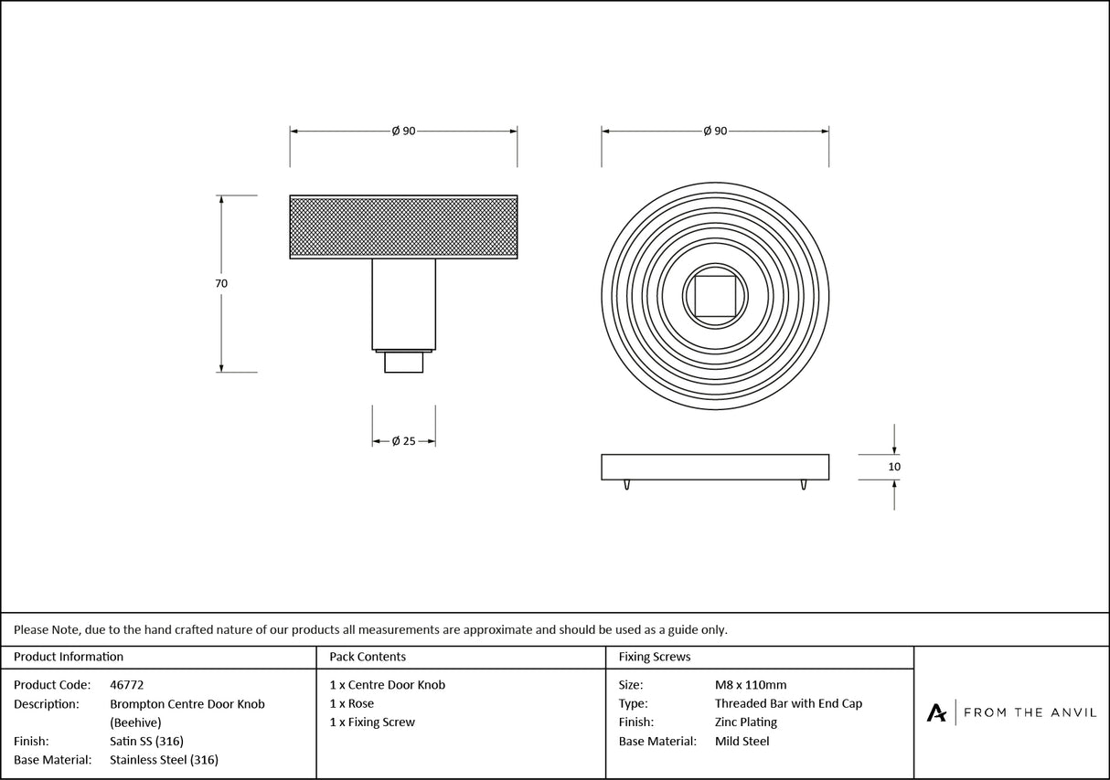 From The Anvil - Satin Marine SS (316) Brompton Centre Door Knob (Beehive) | Sku. 46772 | Trade Door Handles.