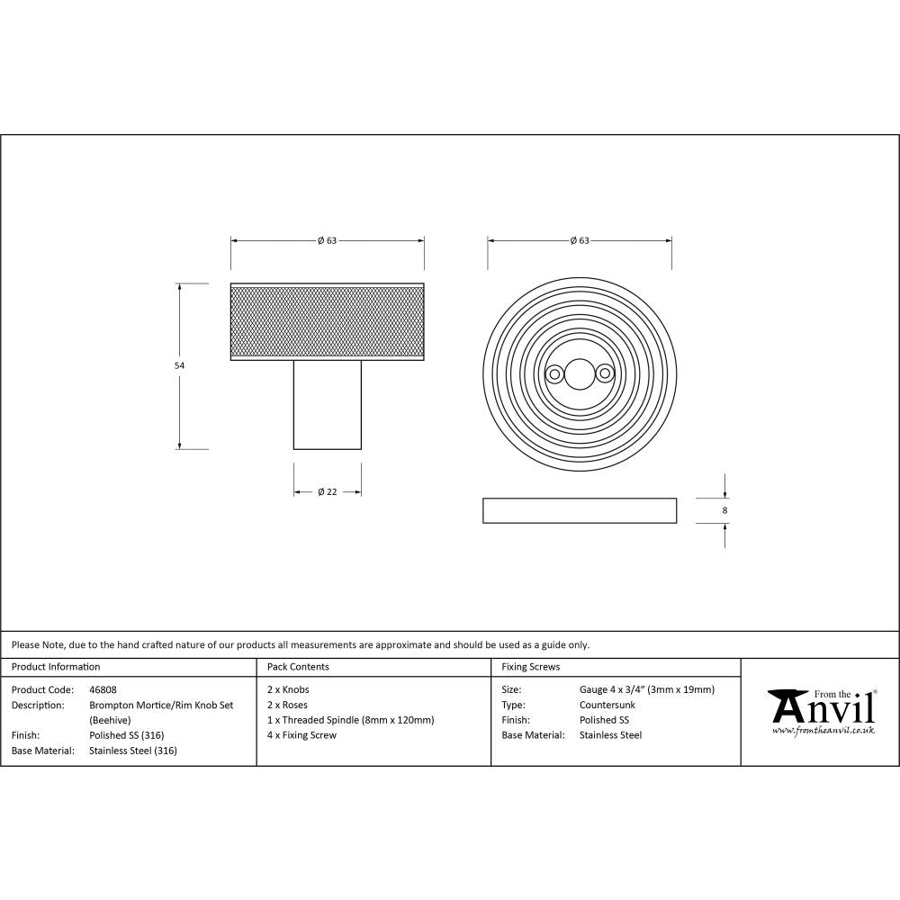 From The Anvil - Polished Marine SS (316) Brompton Mortice/Rim Knob Set (Beehive) | Sku. 46808 | Trade Door Handles.