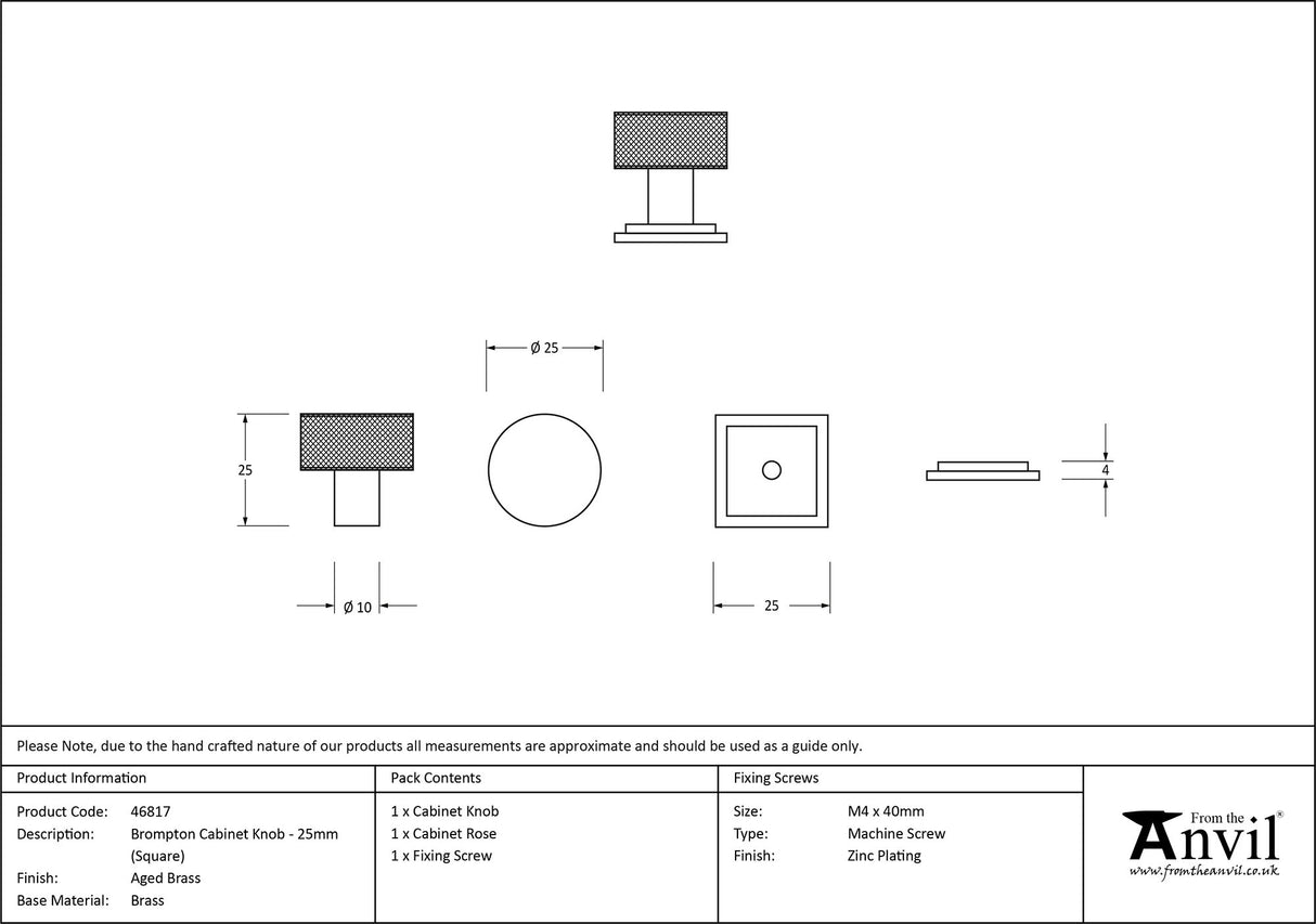 From The Anvil - Aged Brass Brompton Cabinet Knob - 25mm (Square) | Sku. 46817 | Trade Door Handles.