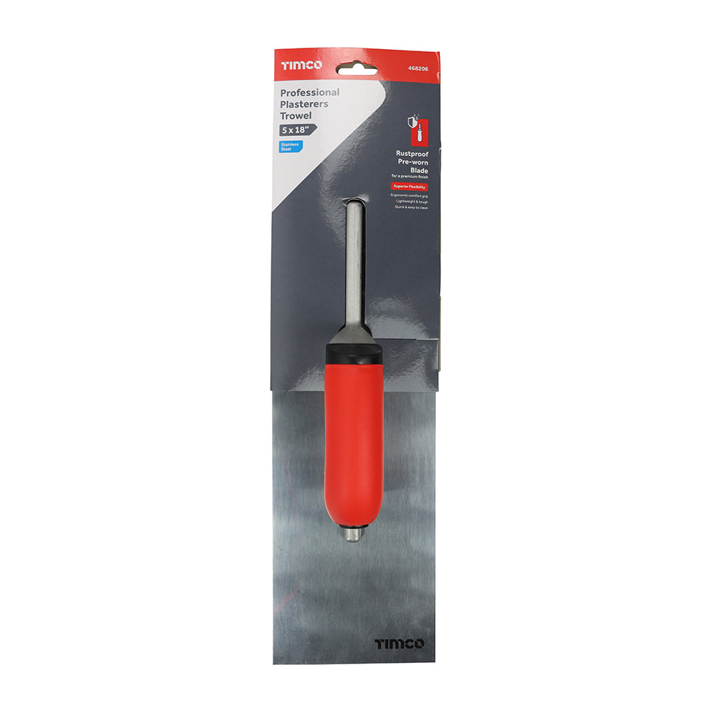 This is an image of Timco - Professional Plasterers Trowel - Stainless Steel 5 x 18" (1 Each Backing Card) 468206