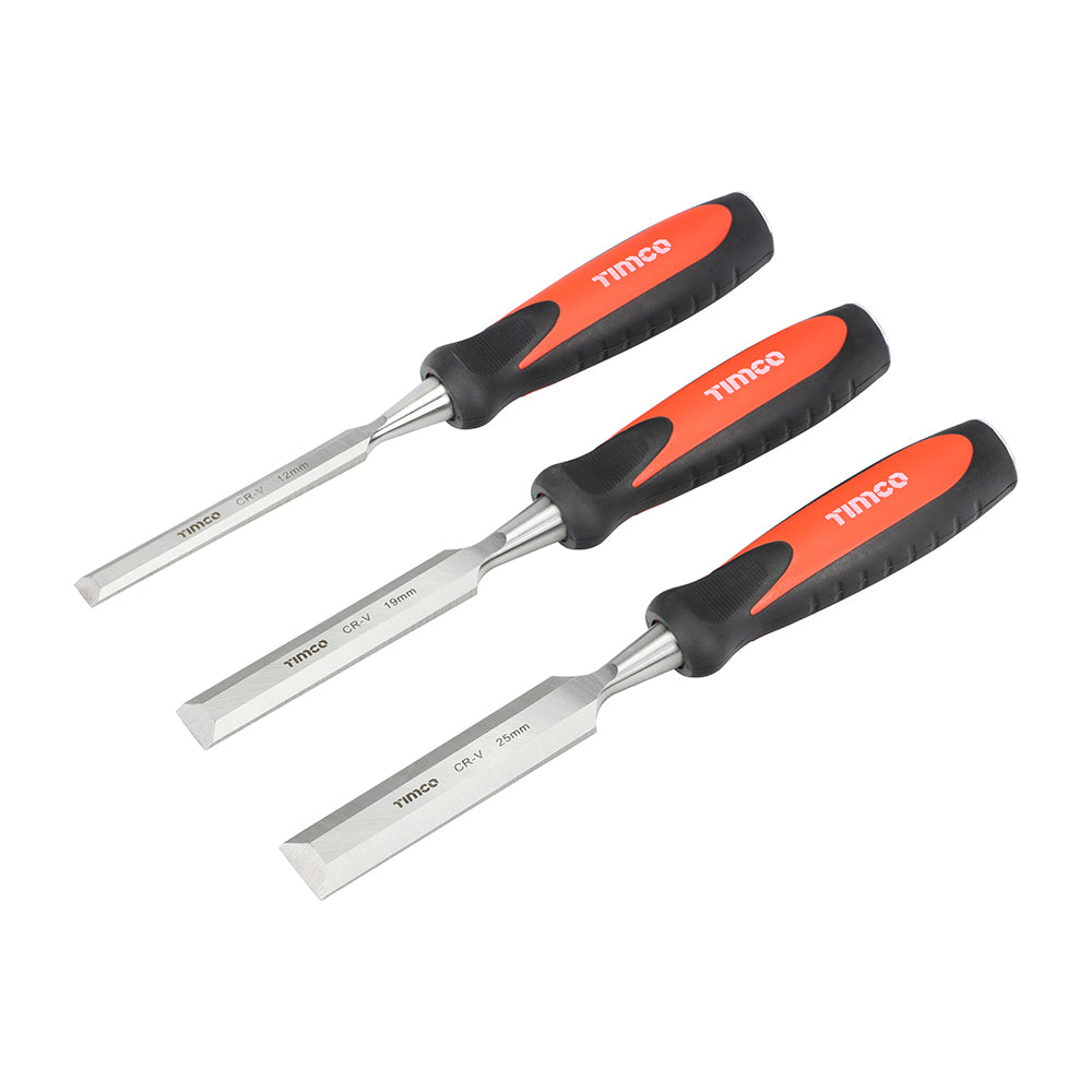 This is an image of Timco - Bevel Edge Wood Chisel Set 3pcs (3 Pieces Blister Pack) 468248