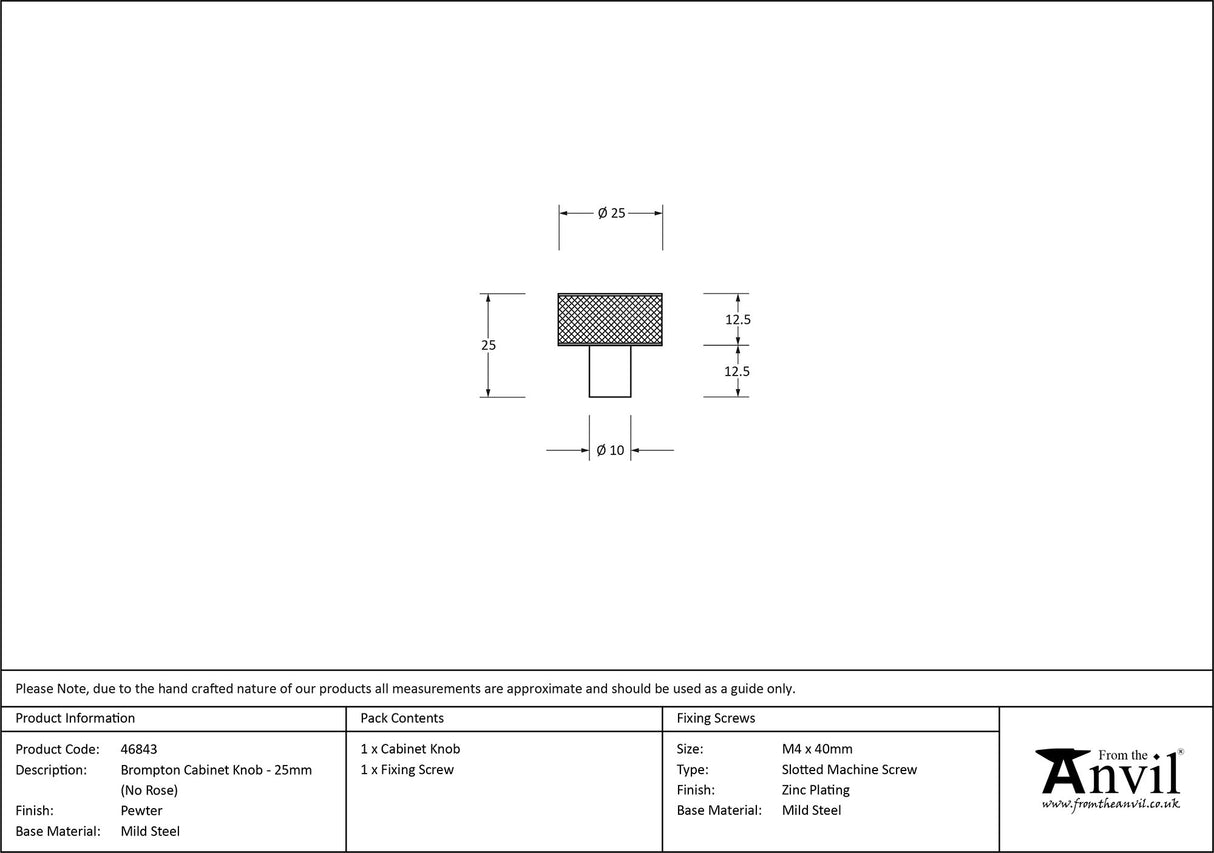 From The Anvil - Pewter Brompton Cabinet Knob - 25mm (No rose) | Sku. 46843 | Trade Door Handles.