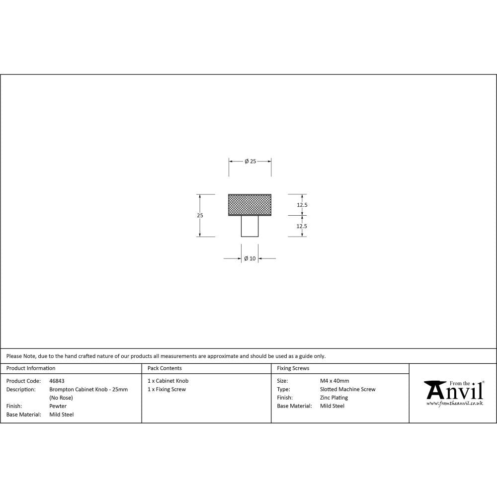 From The Anvil - Pewter Brompton Cabinet Knob - 25mm (No rose) | Sku. 46843 | Trade Door Handles.