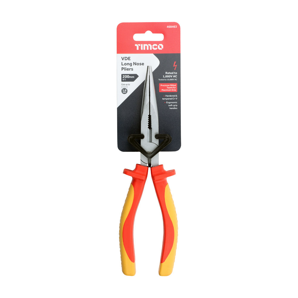 This is an image of Timco - VDE Long Nose Pliers 8" (1 Each Backing Card) 468463
