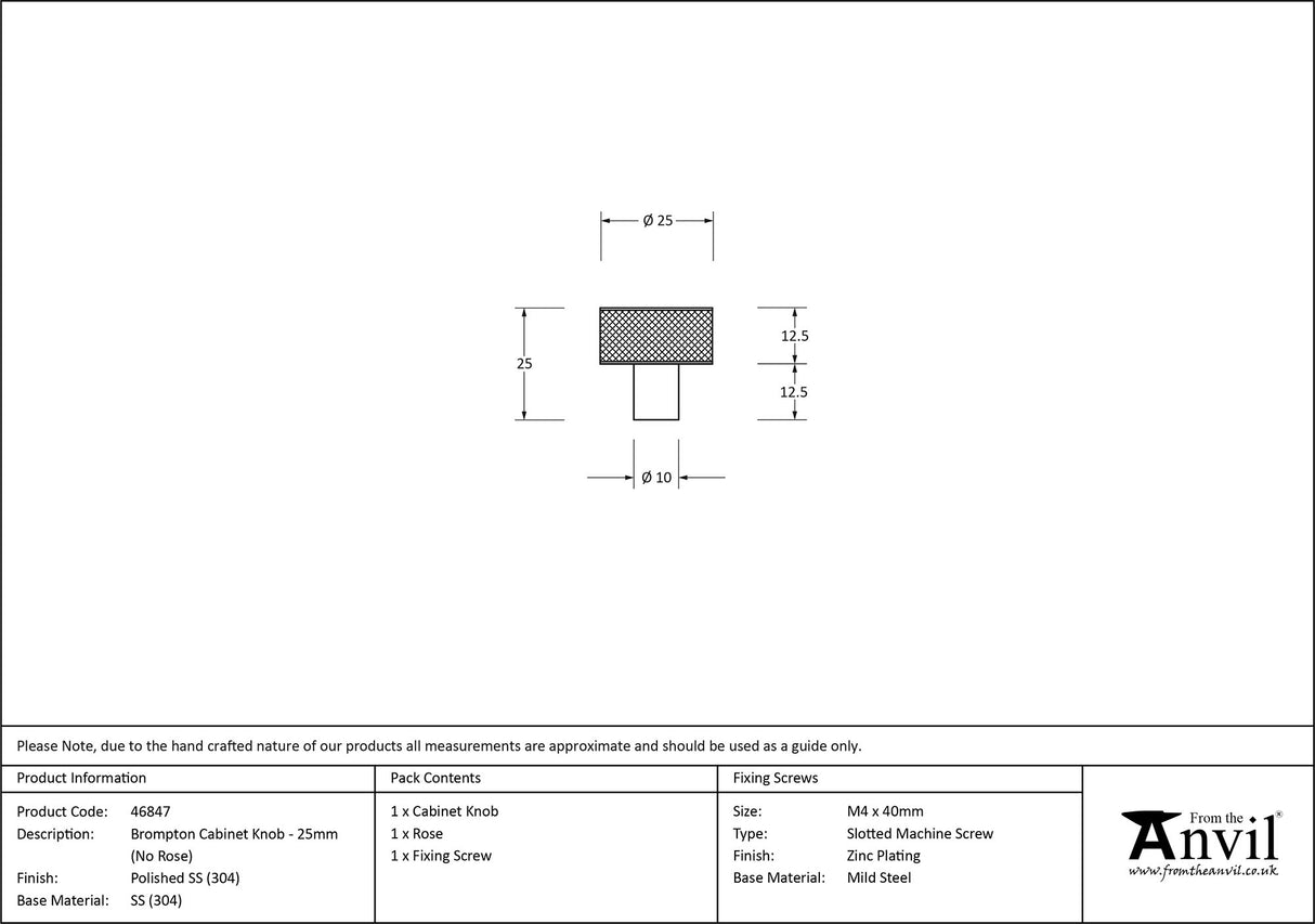 From The Anvil - Polished SS (304) Brompton Cabinet Knob - 25mm (No rose) | Sku. 46847 | Trade Door Handles.