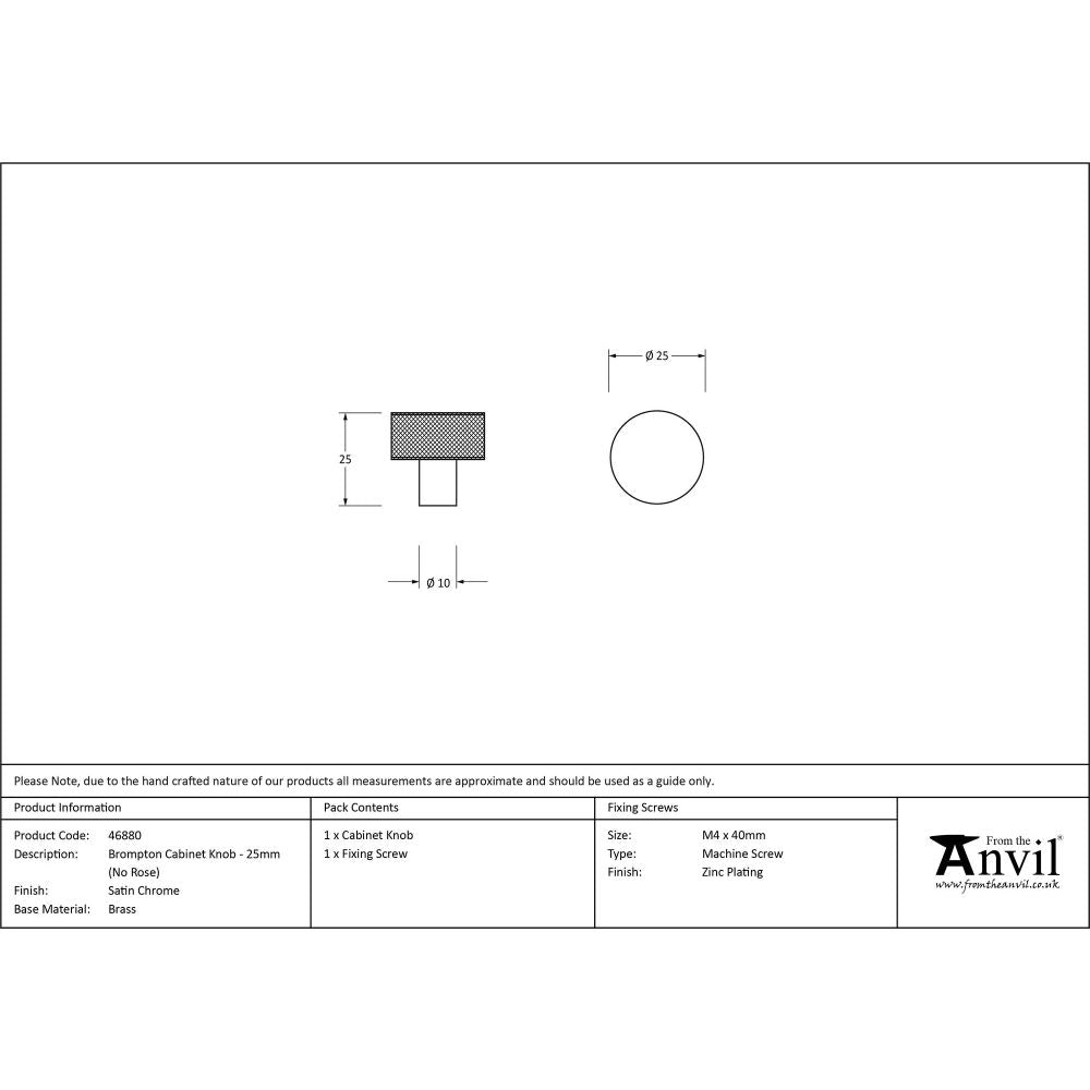 From The Anvil - Satin Chrome Brompton Cabinet Knob - 25mm (No rose) | Sku. 46880 | Trade Door Handles.