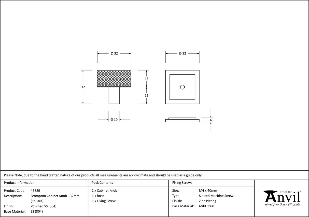 From The Anvil - Polished SS (304) Brompton Cabinet Knob - 32mm (Square) | Sku. 46889 | Trade Door Handles.