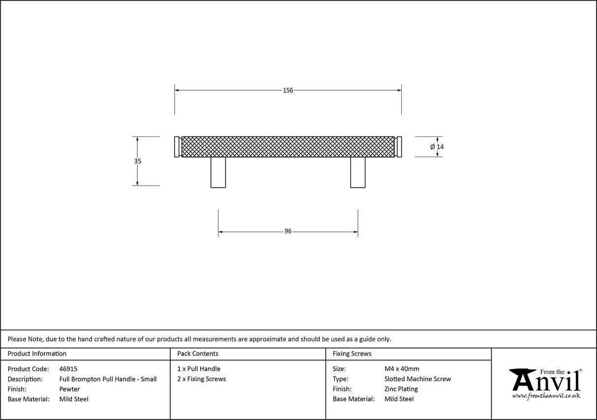 From The Anvil - Pewter Full Brompton Pull Handle - Small | Sku. 46915 | Trade Door Handles.