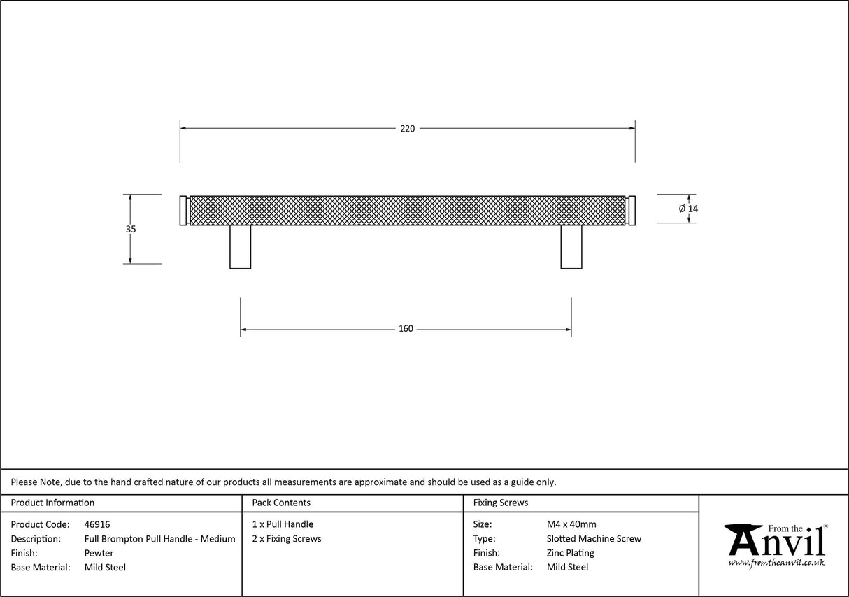 From The Anvil - Pewter Full Brompton Pull Handle - Medium | Sku. 46916 | Trade Door Handles.