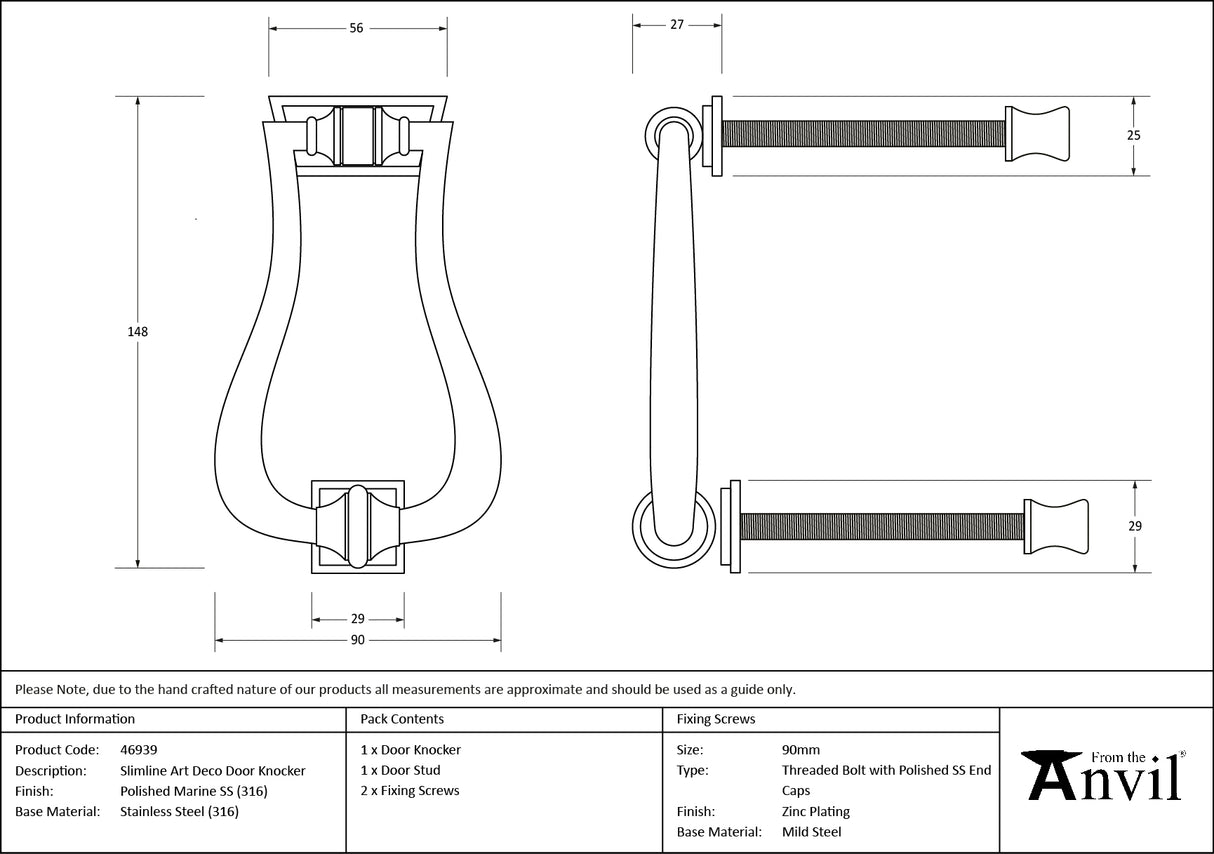 From The Anvil - Polished Marine SS (316) Slimline Art Deco Door Knocker | Sku. 46939 | Trade Door Handles.