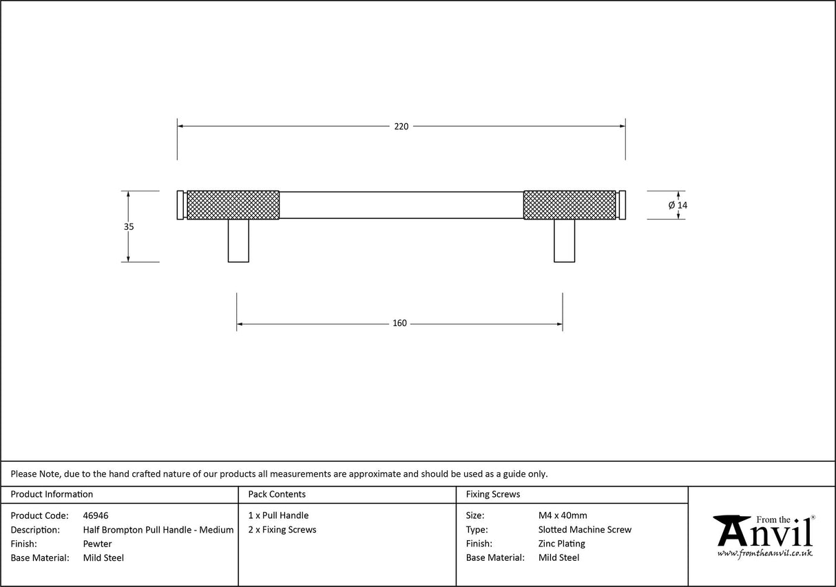 From The Anvil - Pewter Half Brompton Pull Handle - Medium | Sku. 46946 | Trade Door Handles.