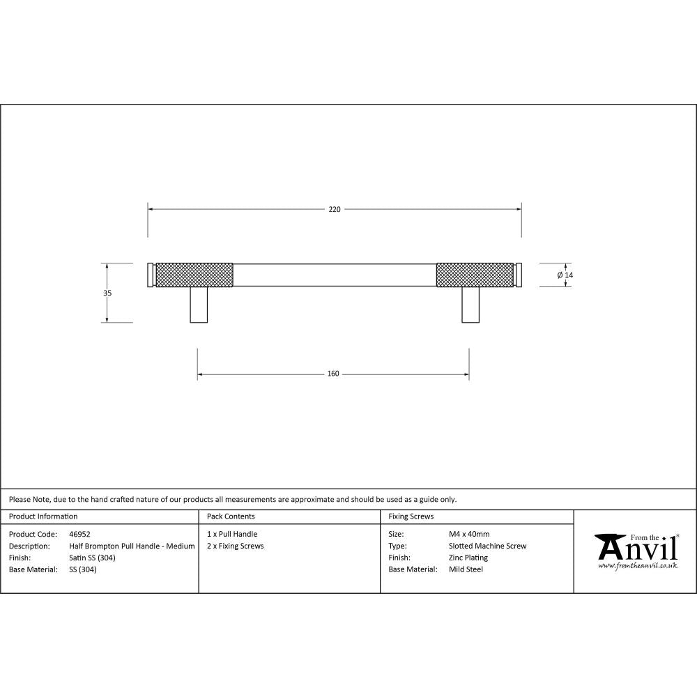 From The Anvil - Satin SS (304) Half Brompton Pull Handle - Medium | Sku. 46952 | Trade Door Handles.