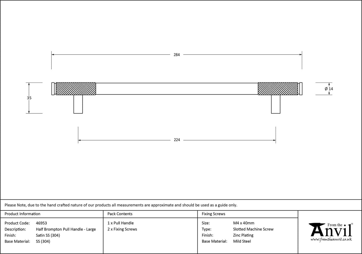From The Anvil - Satin SS (304) Half Brompton Pull Handle - Large | Sku. 46953 | Trade Door Handles.