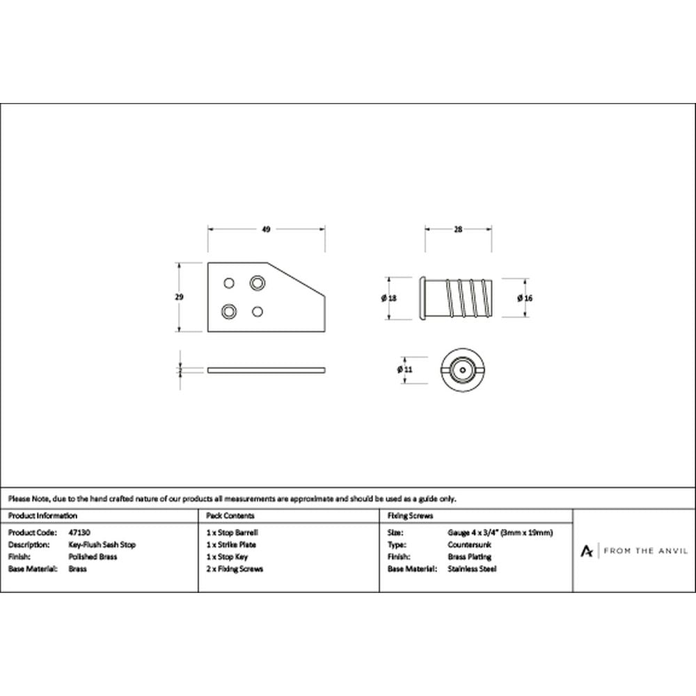 High quality images of the From The Anvil - Polished Brass Key-Flush Sash Stop | Sku. Anvil-47130 | available to order from Trade Door Handles, quick delivery at discounted prices.