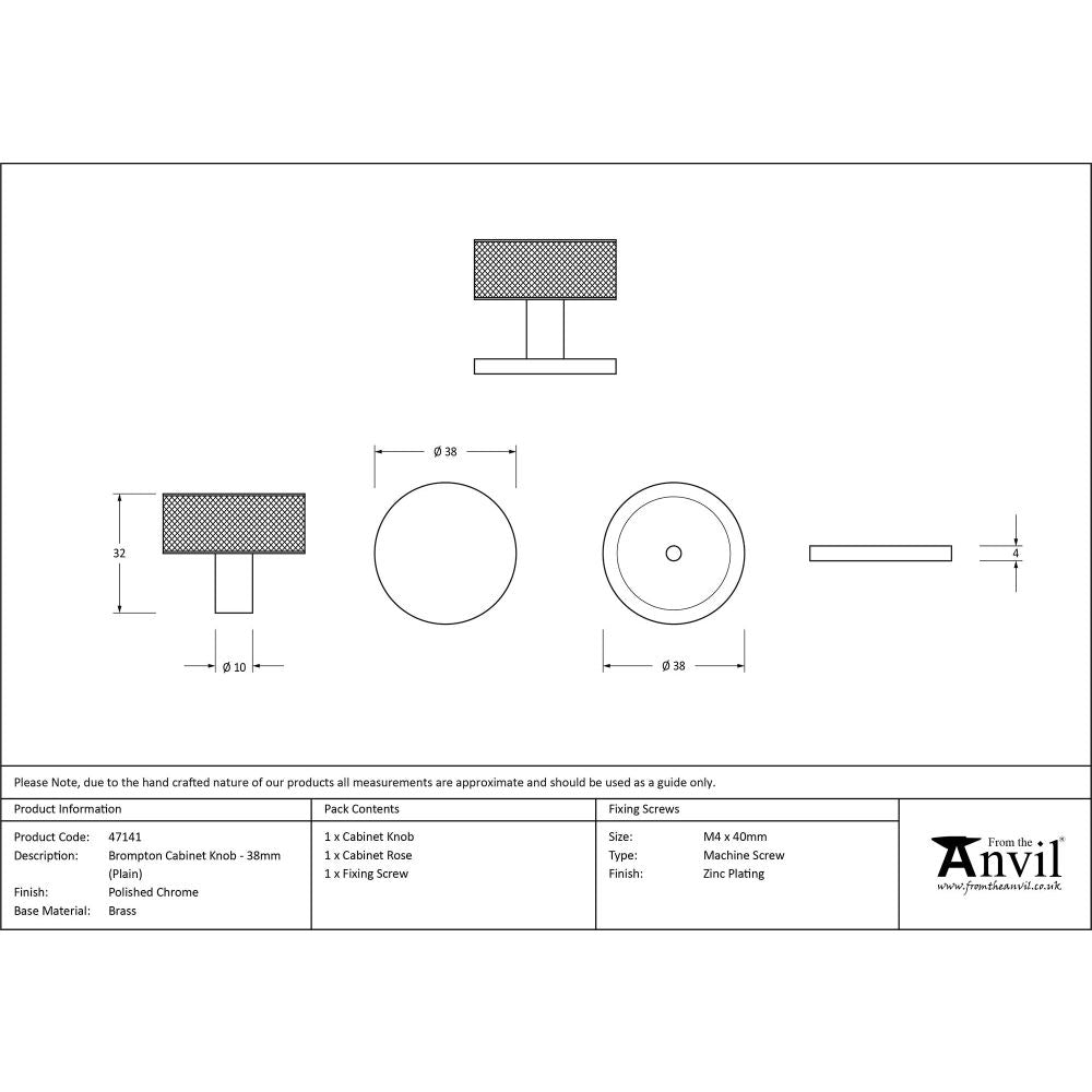 From The Anvil - Polished Chrome Brompton Cabinet Knob - 38mm (Plain) | Sku. 47141 | Trade Door Handles.