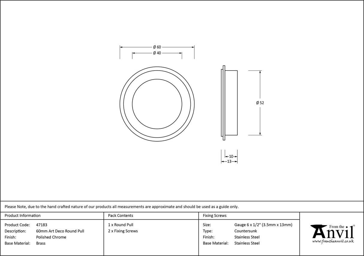 From The Anvil - Polished Chrome 60mm Art Deco Round Pull | Sku. 47183 | Trade Door Handles.