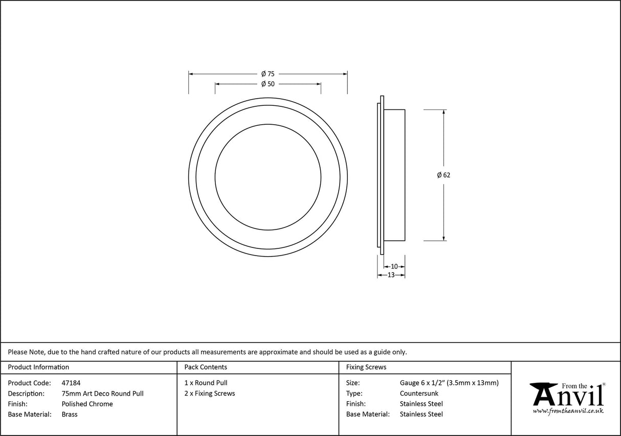 From The Anvil - Polished Chrome 75mm Art Deco Round Pull | Sku. 47184 | Trade Door Handles.