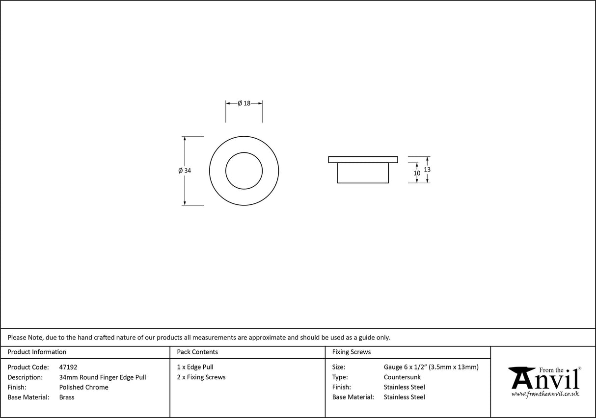 From The Anvil - Polished Chrome 34mm Round Finger Edge Pull | Sku. 47192 | Trade Door Handles.