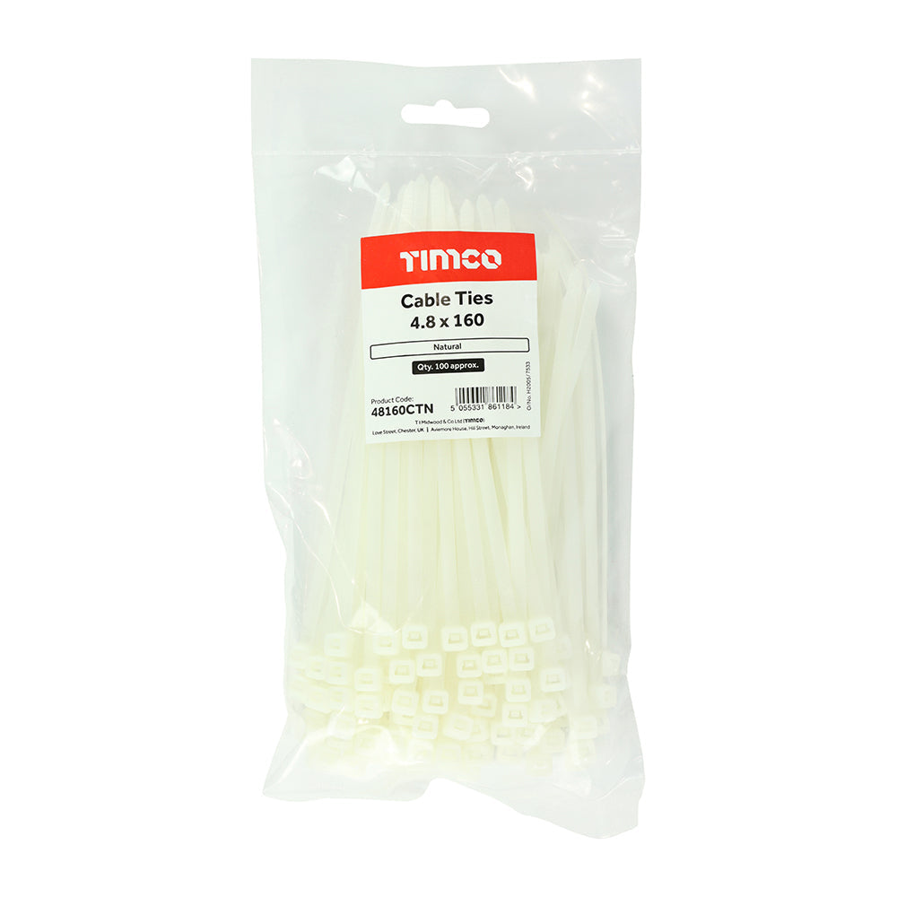 This is an image of Timco - Cable Ties - Natural 4.8 x 160mm - (100 PCS Bag) 48160CTN