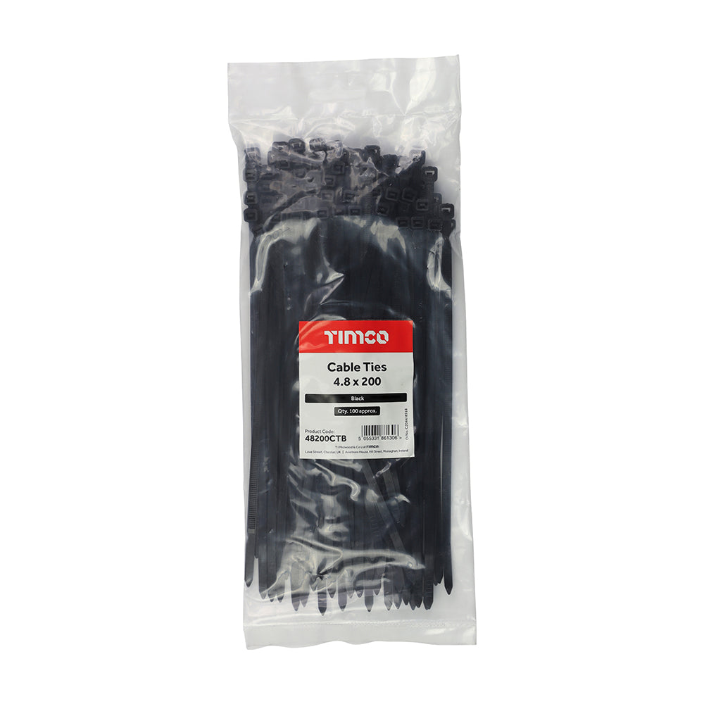 This is an image of Timco - Cable Ties - Black 4.8 x 200mm - (100 PCS Bag) 48200CTB