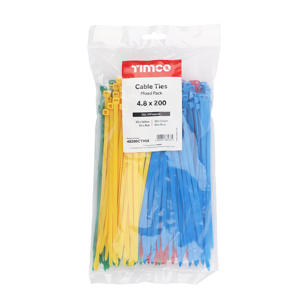This is an image of Timco - Cable Ties - Mixed Colours 4.8 x 200mm - (200 PCS Bag) 48200CTMIX