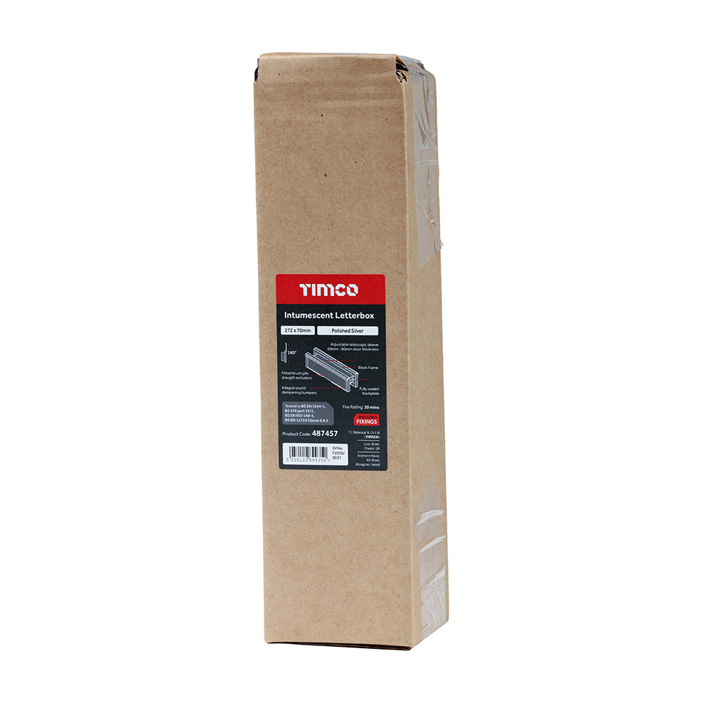 This is an image of Timco - Intumescent Letterbox - Polished Silver - Black Frame 272 x 70 (1 Each Box) 487457