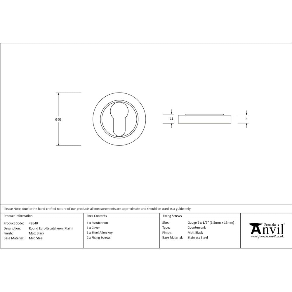 From The Anvil - Matt Black Round Euro Escutcheon (Plain) | Sku. 49540 | Trade Door Handles.