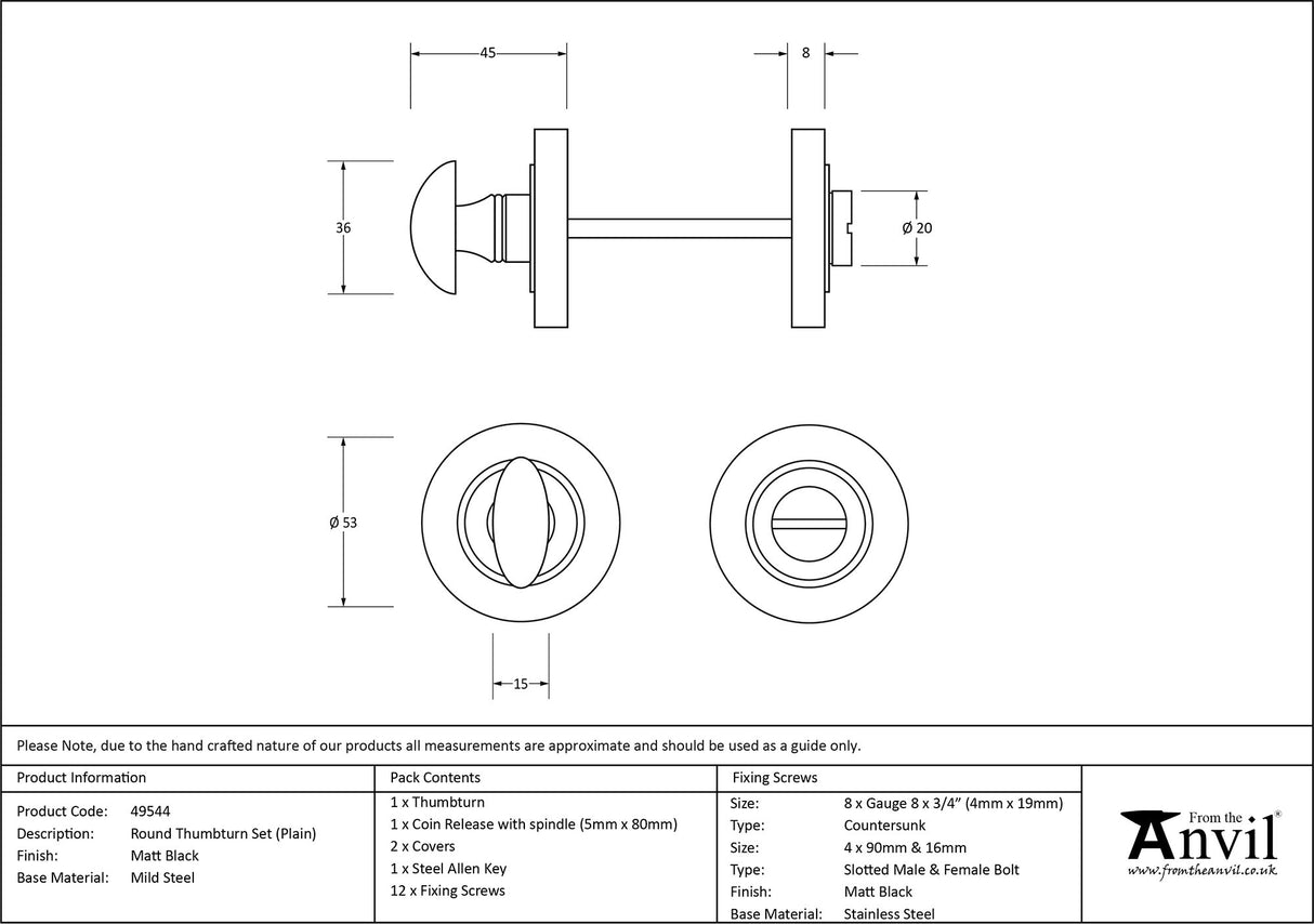 From The Anvil - Matt Black Round Thumbturn Set (Plain) | Sku. 49544 | Trade Door Handles.