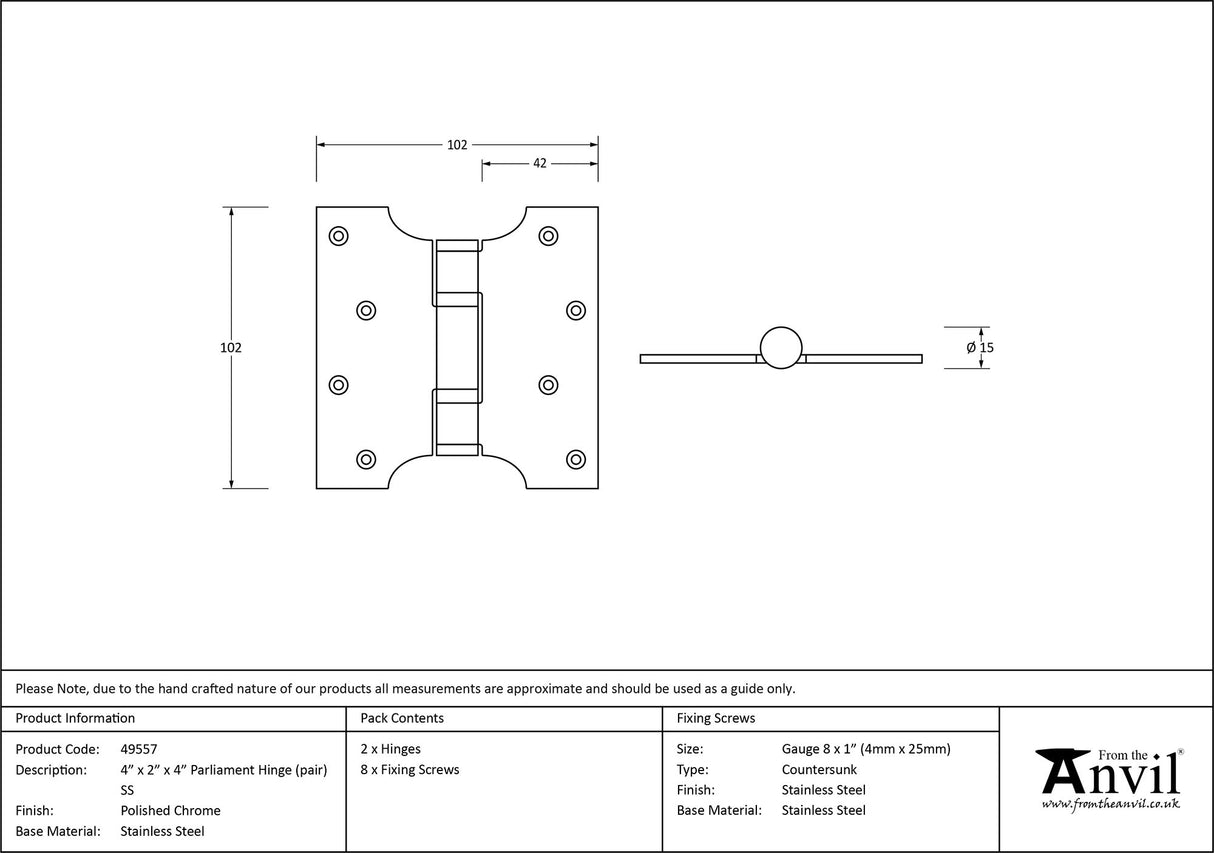 From The Anvil - Polished Chrome 4" x 2" x 4" Parliament Hinge (pair) ss | Sku. 49557 | Trade Door Handles.