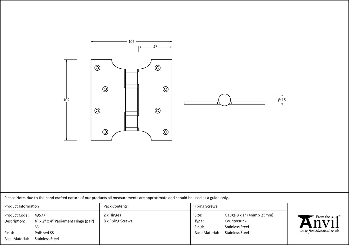 From The Anvil - Polished SS 4" x 2" x 4" Parliament Hinge (pair) | Sku. 49577 | Trade Door Handles.