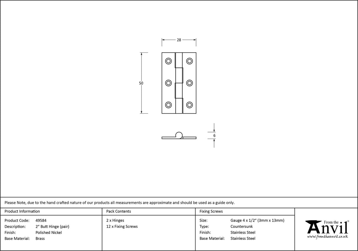 From The Anvil - Polished Nickel 2" Butt Hinge (pair) | Sku. 49584 | Trade Door Handles.