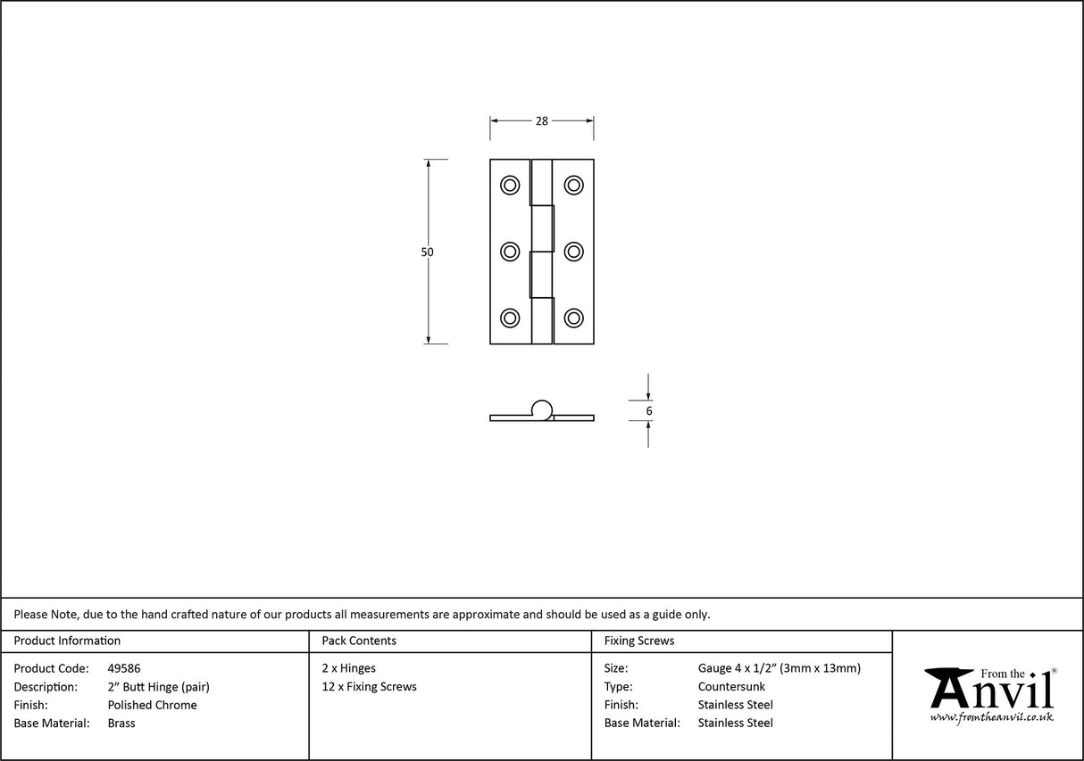 From The Anvil - Polished Chrome 2" Butt Hinge (pair) | Sku. 49586 | Trade Door Handles.