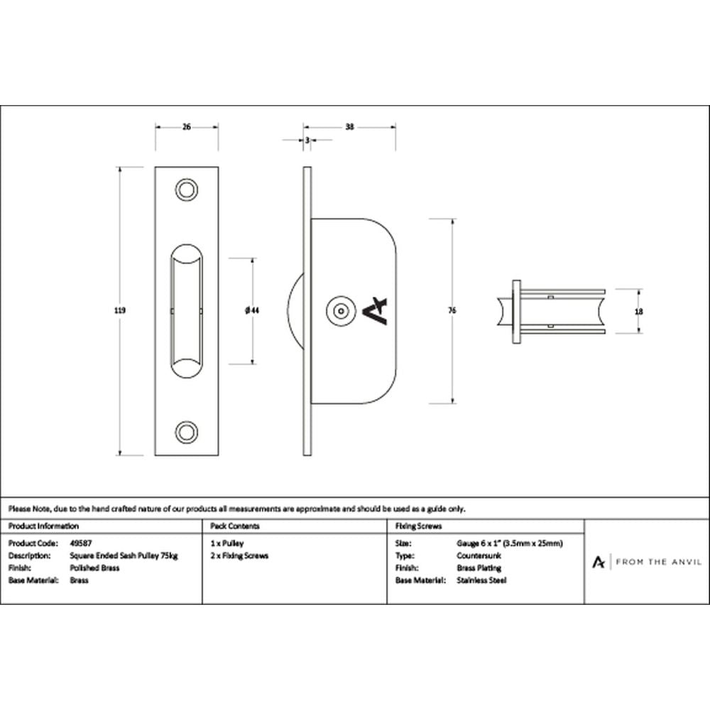 High quality images of the From The Anvil - Unlacquered Brass Square Ended Sash Pulley 75kg | Sku. Anvil-49587 | available to order from Trade Door Handles, quick delivery at discounted prices.